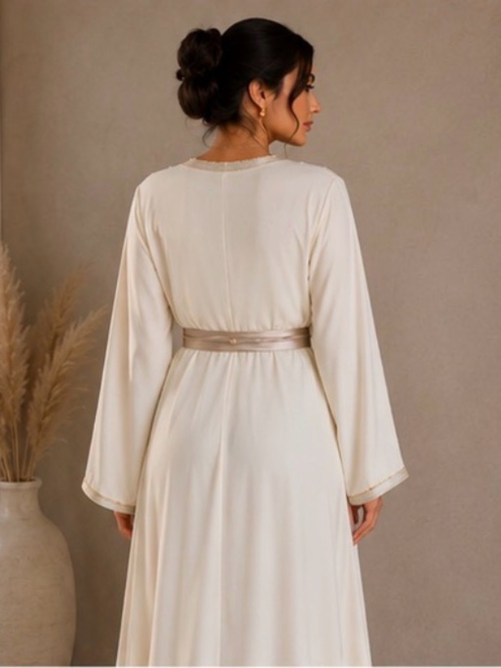 Style Ivory & Gold Embroidered Moroccan Kaftan Dress w/ Belt - Large - Picture 3 of 7